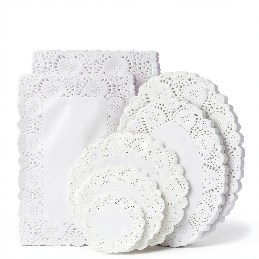 Awsaccy paper lace doilies arranged on a table with cupcakes