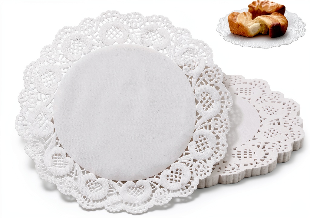 Fansoftiks white paper doilies arranged on a table with desserts