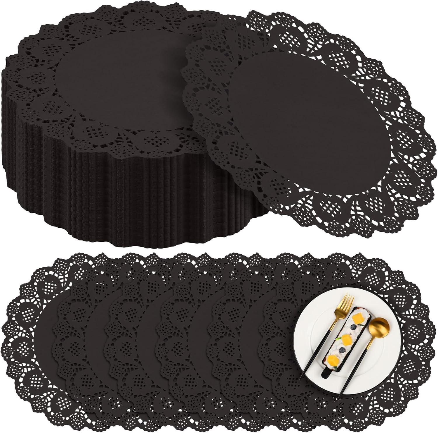 Installing MCEAST Disposable Paper Doilies Lace Design Black Brown Sage on a wooden dining table