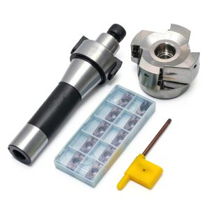 2.48"/63mm Cutting Diameter 90 Degree 4 Flute Indexable CNC Face End Mill Shell Cutter BAP400R 63-22-4T, Shank Face End Mill Arbor R8-FMB22 7/16-20 with 10Pcs APMT1604 Carbide Inserts and T15 Wrench-0